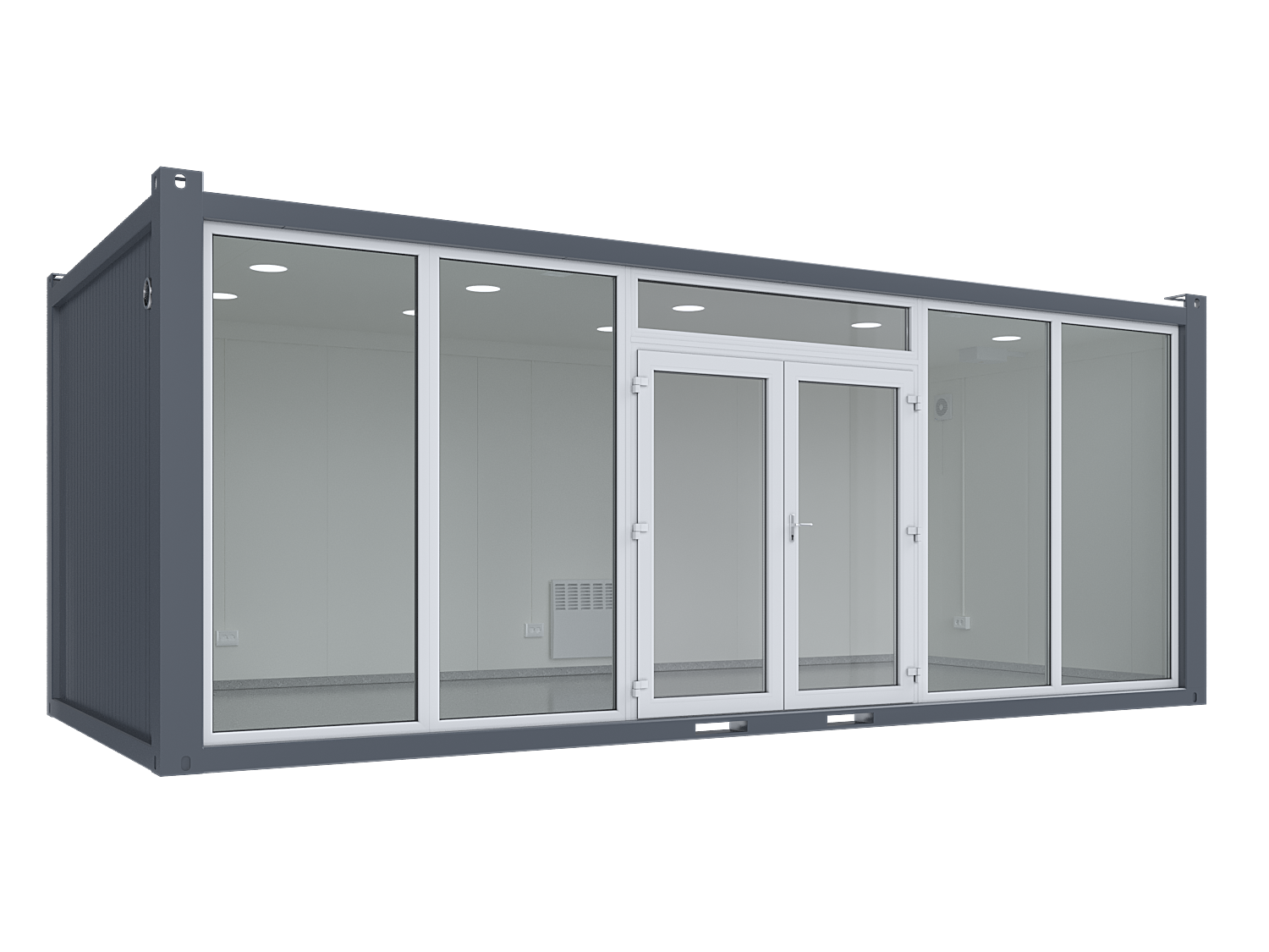 7 x 3,2 m glascontainer, 1 glazen wand
